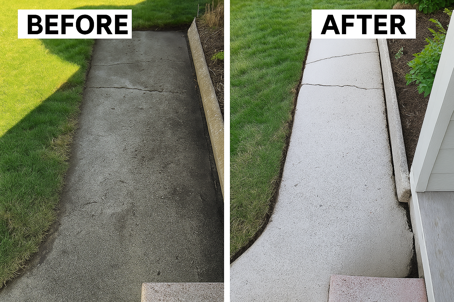 Before and after pressure washing of a sidewalk